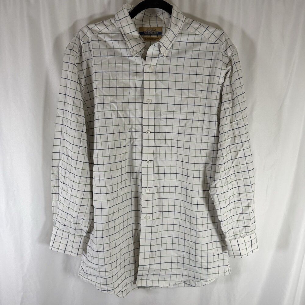 Roundtree Yorke Collegiate Dress Shirt Men's 16 White Blue Green Plaid